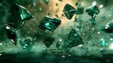 Enchanting Emerald Eruption: Dramatic Cinematic Scene with Shattered Display Case and Swirling Gems in Slow Motion