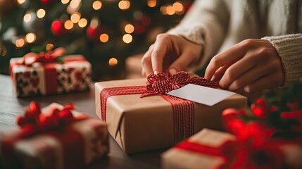 A close-up of hands wrapping Christmas presents on a table, with a blank area on one side for inserting holiday wishes or promotions.