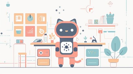 A cute cartoon of a robot managing a futuristic animal shelter