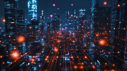 Obraz premium Smart digital city with connection cyber security network reciprocity over the cityscape . future smart wireless digital city and social media networking systems that connects people within the city