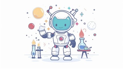 Fototapeta premium A cute cartoon of a robot conducting scientific experiments in space