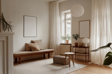 Empty template of two posters mock up din A ratio, home interior in beige tones, wooden tables, white wall background. Blank frame mockups in nordic contemporary scandinavian living room interior