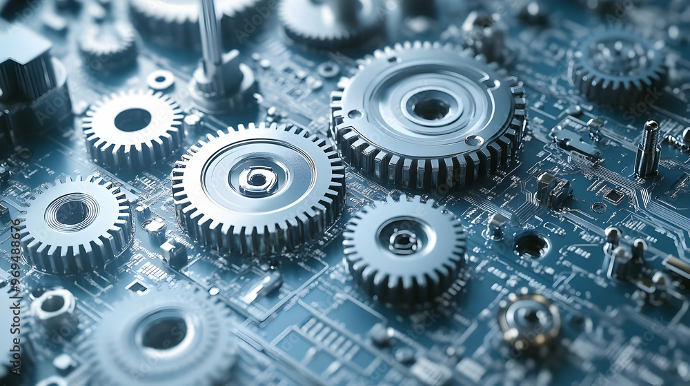 Poster close-up of intricate gears on a circuit board, showcasing mechanical and electronic integration.