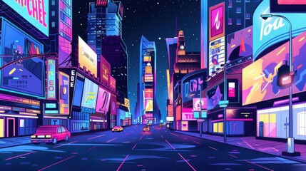 A cute cartoon Style ofA bustling New York City street at night, illuminated by neon signs and headlights