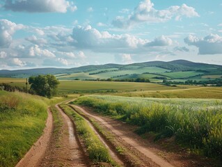 Obraz premium Rural Fields and Dirt Road - Peaceful Countryside