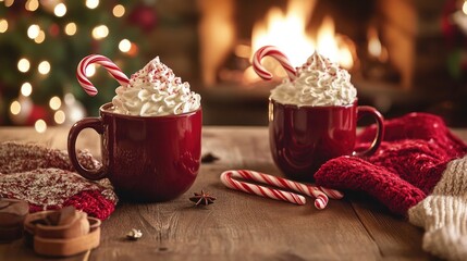 A cozy holiday scene with two mugs of hot chocolate topped with whipped cream and candy canes, placed on a wooden table in front of a fireplace.