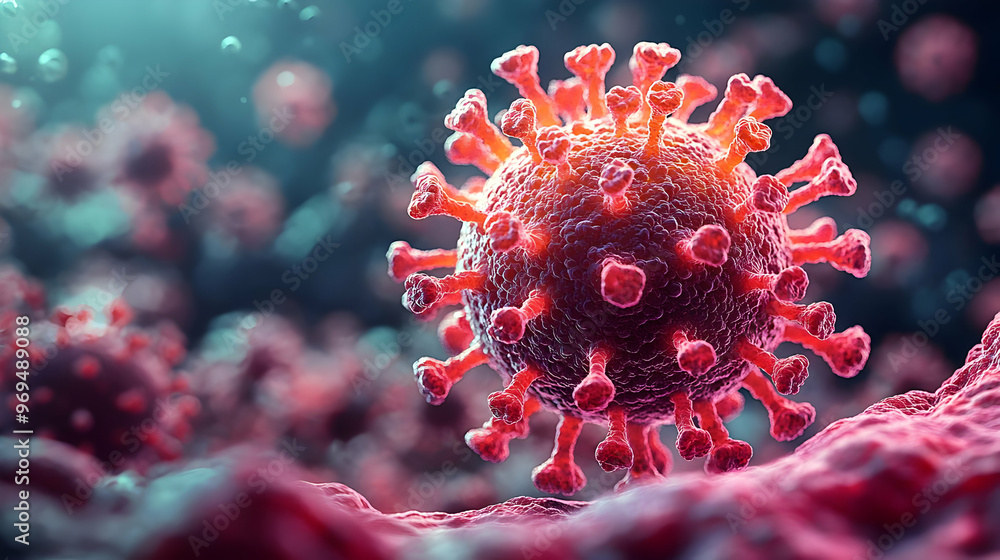 Aufkleber close-up view of a virus particle, showcasing its structure and features.