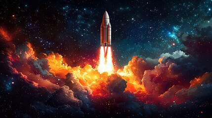Vector design of a rocket launching into space leaving a trail of vibrant colors symbolizing innovation and exploration in space science