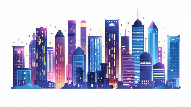 A cute cartoon Style ofA dynamic night skyline of a major city with illuminated buildings and bustling streets
