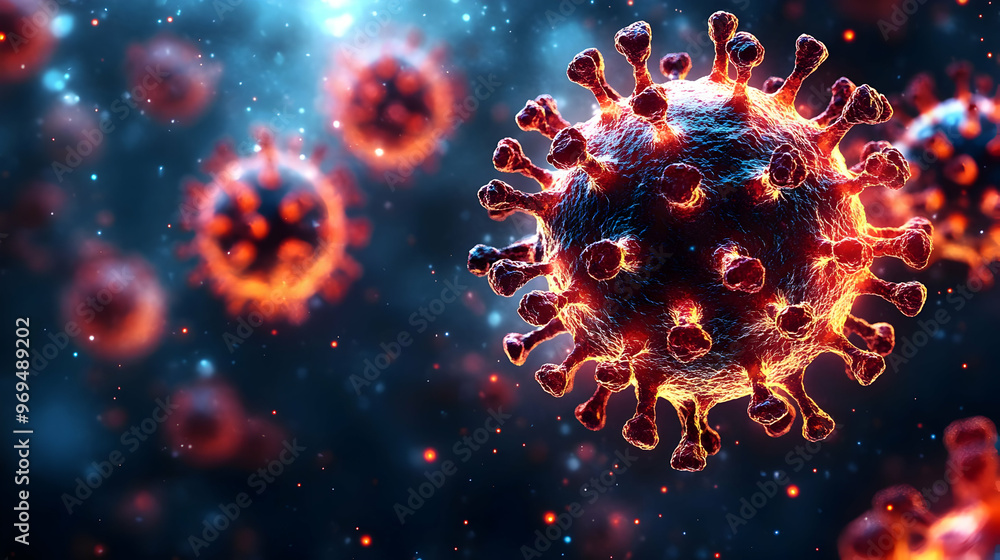 Aufkleber close-up view of a virus, showcasing its structure and details in a scientific context.