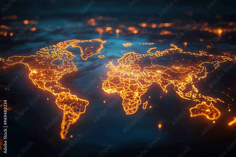 Poster a glowing map of the world with illuminated city lights.