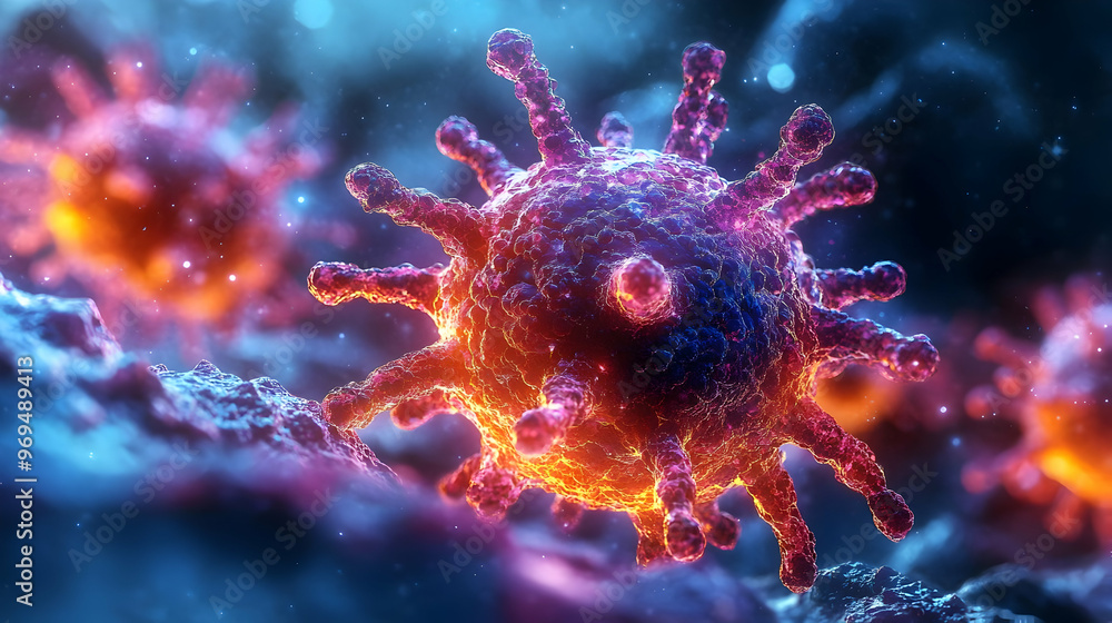 Poster close-up view of a virus, showcasing its structure and details in vibrant colors.