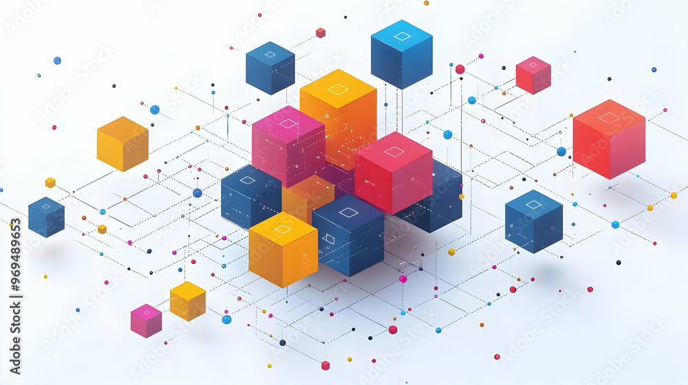 Poster colorful 3d cubes and dots interconnected, representing data or technology concepts.