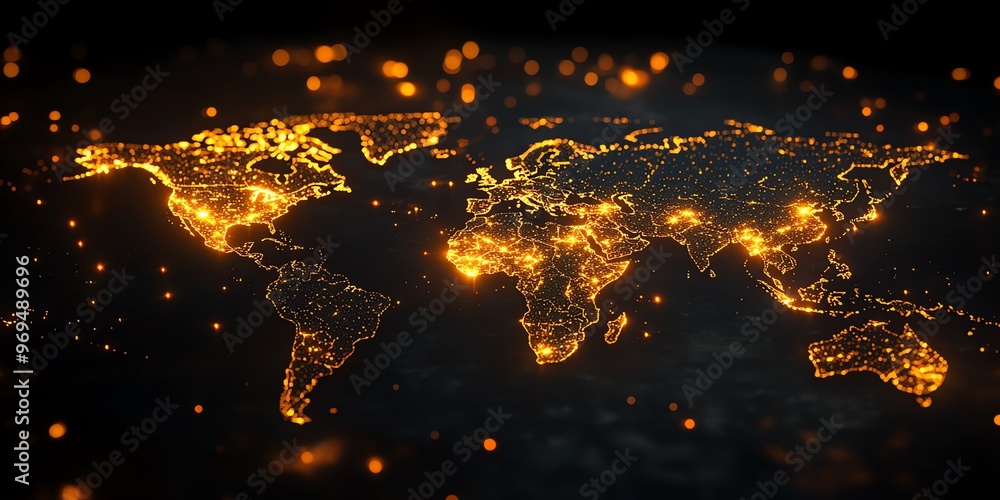 Poster a glowing map of the world, with all continents outlined in twinkling lights.