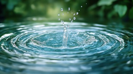 Water droplets creating ripples in a serene natural setting.