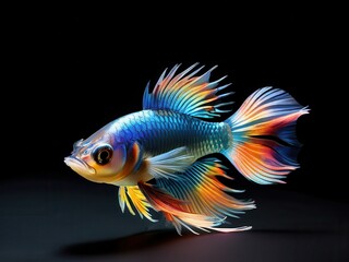 A vibrant, digitally rendered fish with colorful fins swimming against a dark background.