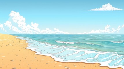 A cute cartoon Style ofA serene beach with gentle waves, a sandy shoreline, and a clear blue sky