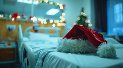 santa hat on hospital bed, festive help for patients, kindness christmas season, blur background interior of hospital ward