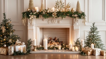 A fireplace decorated with garlands, candles, and gold accents, with an elegant blank space above the mantel for overlaying text or a holiday message.