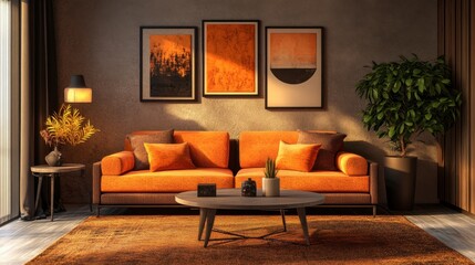 A cozy living room with orange throw pillows, a plush rug, and artwork, creating a warm and inviting atmosphere.
