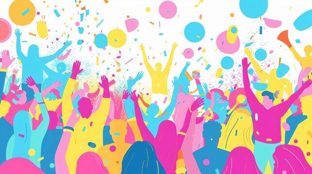 A cute cartoon Style ofA vibrant music festival with energetic crowds, colorful lights, and performing artists