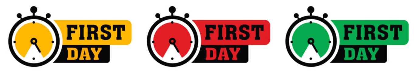 First day banner with timer. First offer label. Countdown of time for spesial offer. Banner for sale promotion. Vector illustration.