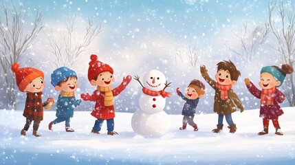 Fototapeta premium A group of children playing in the snow, building snowmen and throwing snowballs, with joyful expressions and a snowy park in the background.