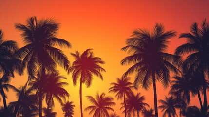 Obraz premium A deep orange sky during sunset, with the silhouettes of palm trees swaying gently in the breeze.