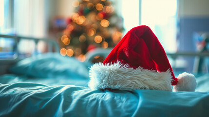 santa hat on hospital bed, festive help for patients, kindness christmas season, blur background interior of hospital ward