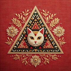 Texture sur tissu en lin bordeau avec jolie designes brod&eacute;e de chats.
