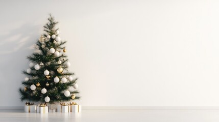 A minimalist Christmas tree decorated with gold and white ornaments, with a blank wall to the side for inserting holiday greetings.