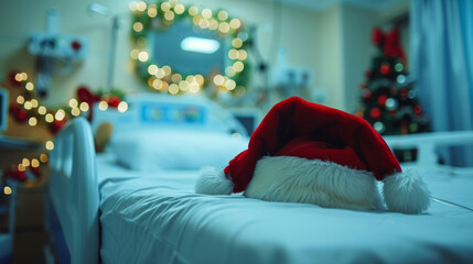 santa hat on hospital bed, festive help for patients, kindness christmas season, blur background interior of hospital ward