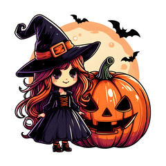 Little witch with a Halloween pumpkin, cartoon style, isolated, flat colors, transparent background  