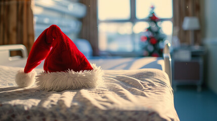 santa hat on hospital bed, festive help for patients, kindness christmas season, blur background interior of hospital ward