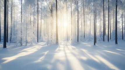 Naklejka premium A peaceful winter forest covered in freshly fallen snow, with tall, snow-dusted trees and soft sunlight filtering through.