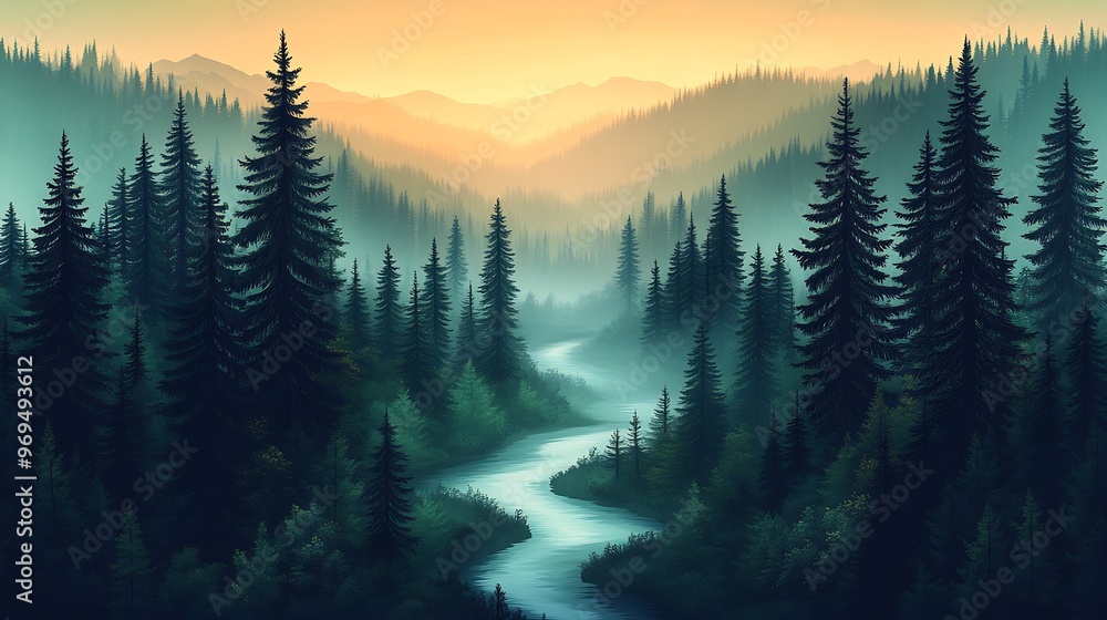 Canvas Prints vector design of a serene forest scene with tall pine trees and a winding river all in soft gradient