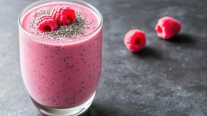 Smooth raspberry protein shake with chia seeds sprinkled on top, Protein shake, fruity, nutritious