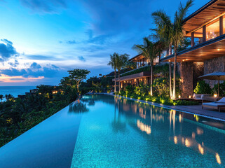 Fototapeta premium Intricate infinity pool overlooking the ocean, palm trees, and lights at dusk, surrounded by luxury villas with wooden accents