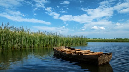 Obraz premium Harmony of Nature: Tranquil Log Boat Drifting on Serene Pond for Conservation Concept