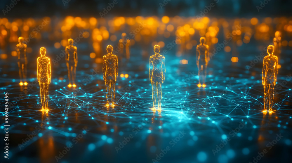 Poster digital representation of interconnected human figures in a networked space.