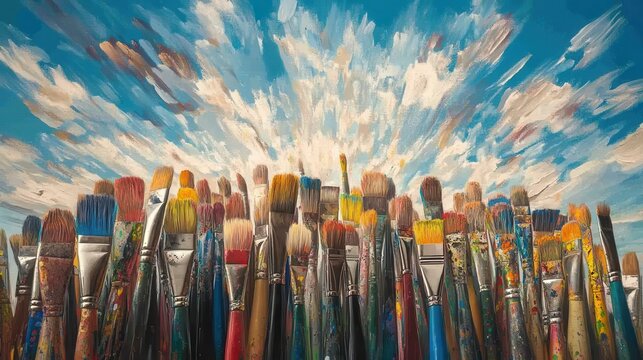 Crafting Reality: Enormous Paintbrushes Transforming Blank Canvas Sky