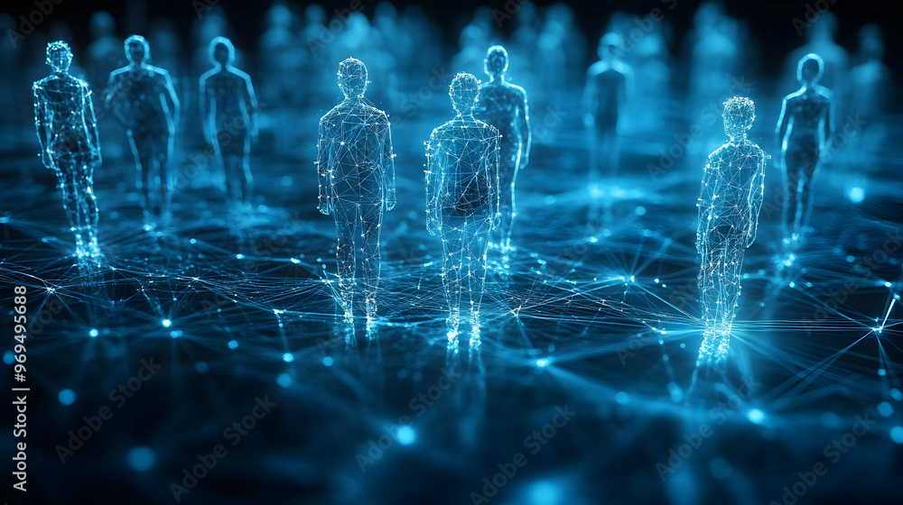Poster digital representation of people in a networked environment, symbolizing connectivity.