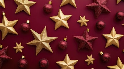 Obraz premium A seamless background of gold stars and baubles arranged in a repeating pattern on a deep red backdrop for a luxurious holiday look.