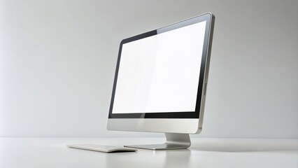 Sleek, silver, and modern digital device lies on a minimalist white background, showcasing a blank screen and sleek