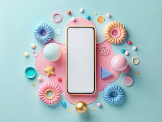 Social media platform template featuring a blank smartphone screen surrounded by trendy colorful pastel objects and