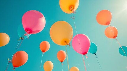 Many vibrant balloons against a clear green skies meaning heatwave joy