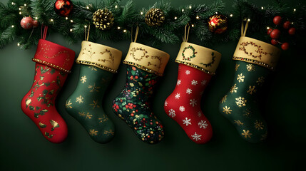 Five decorative Christmas stockings hanging on a festive garland.
