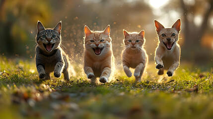 Four cats joyfully running in a sunlit field, capturing a playful moment in nature.
