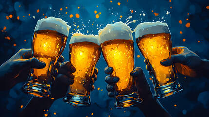 Four hands clinking beer glasses in celebration, with a festive atmosphere.