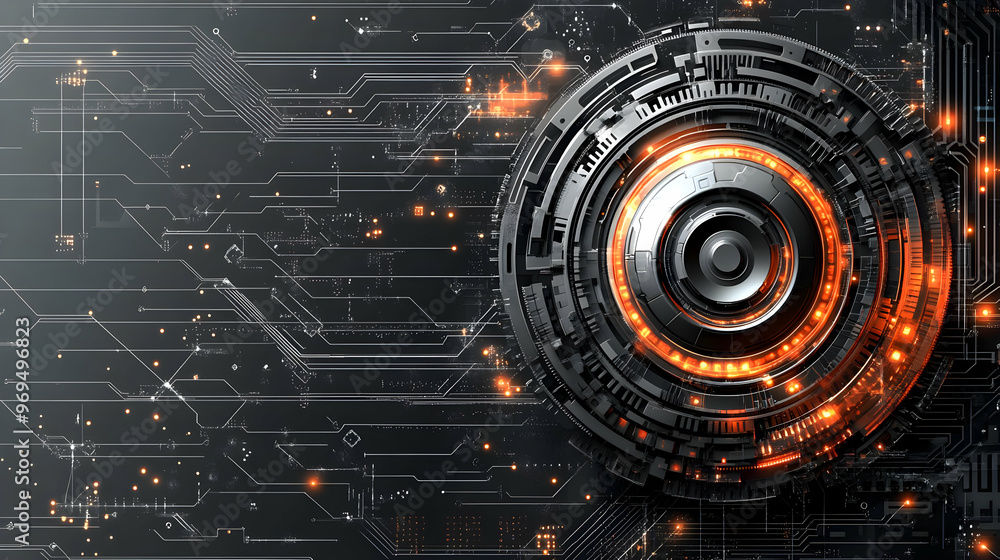 Poster futuristic abstract design featuring circuits and a glowing central element.